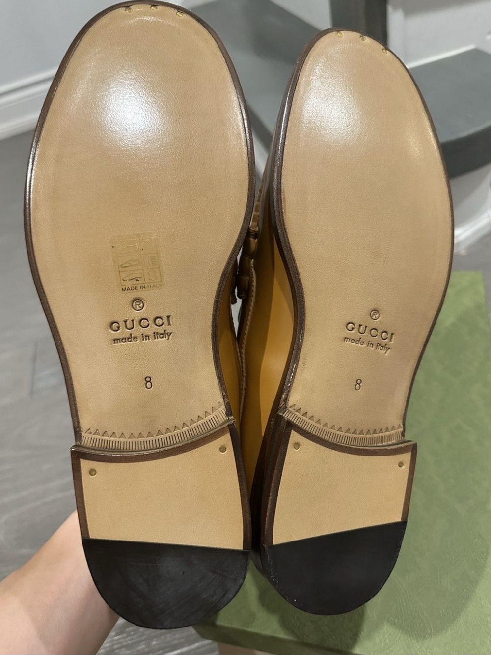 Gucci Cream and Tan Leather Webbed Penny Loafers with Gold GG - Picture 3 of 5